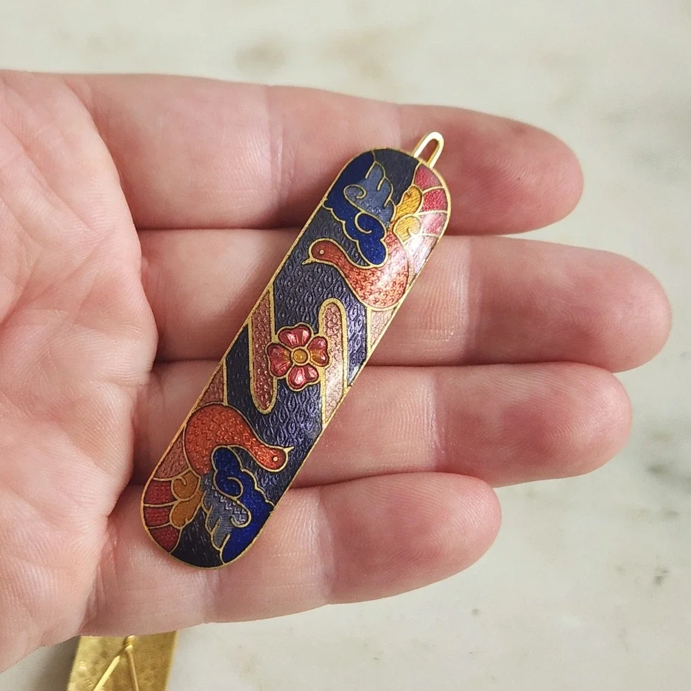 Vintage Cloisonne Enamel Hair Clips Set Blue Red Bird Floral Gold Tone Slides